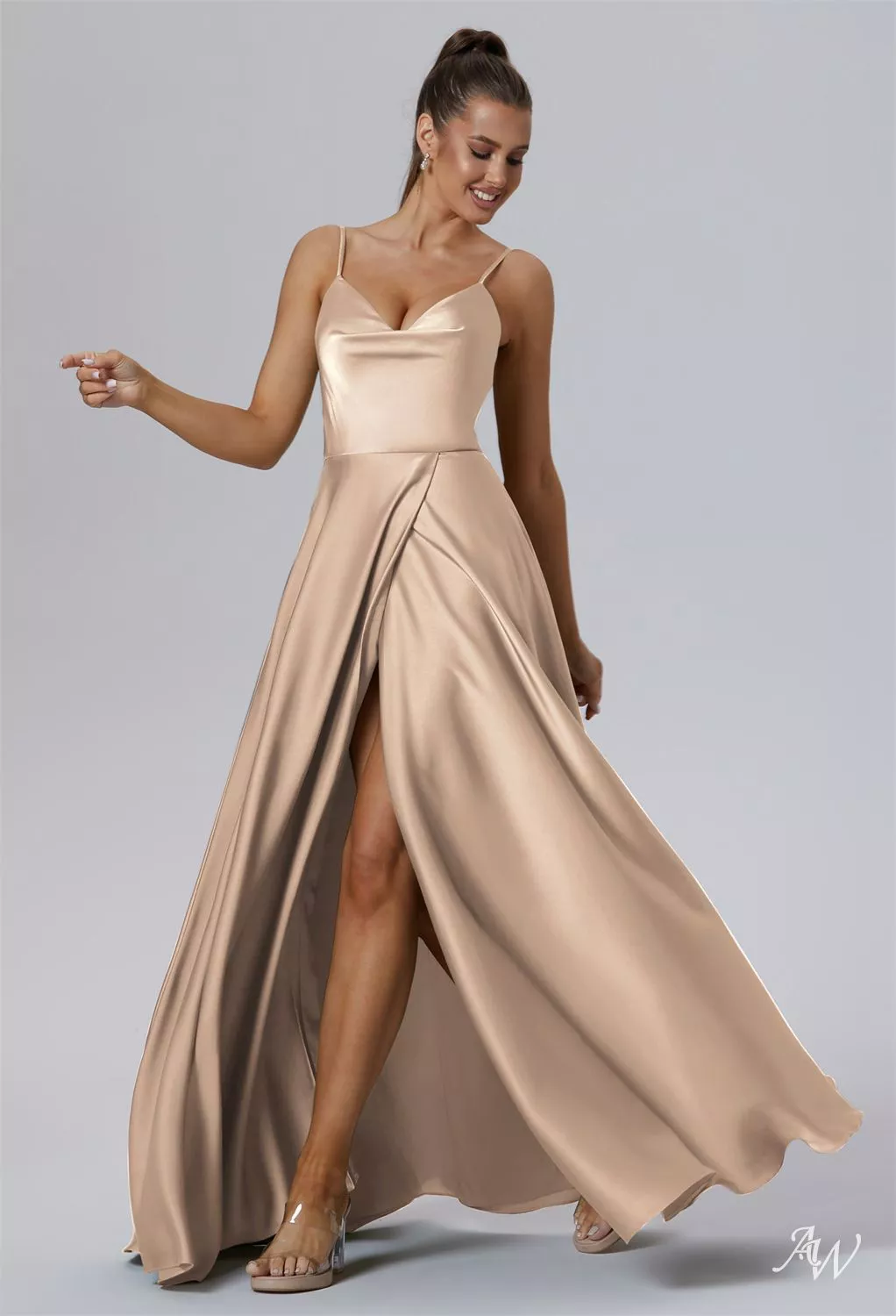 AW Adelina Taupe Satin Charmeuse Bridesmaid Dresses image1